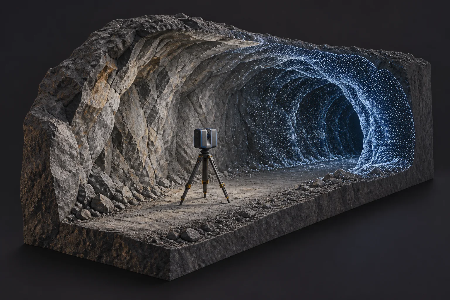 Ilustración de una galería subterránea con escáner láser y una nube de puntos que sigue la superficie rocosa.