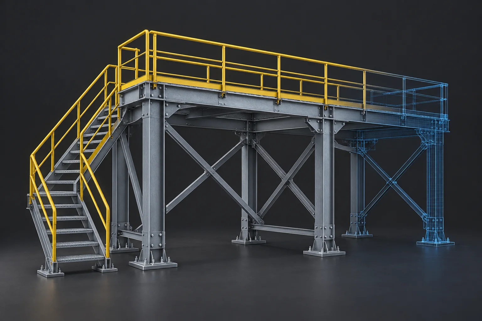 Ilustración de una plataforma metálica con columnas, vigas, arriostres y escalera.